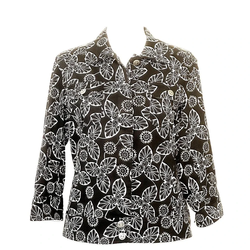Chicos Women Size 1 (US M) Black Floral Long Sleeve Button Down Top Career